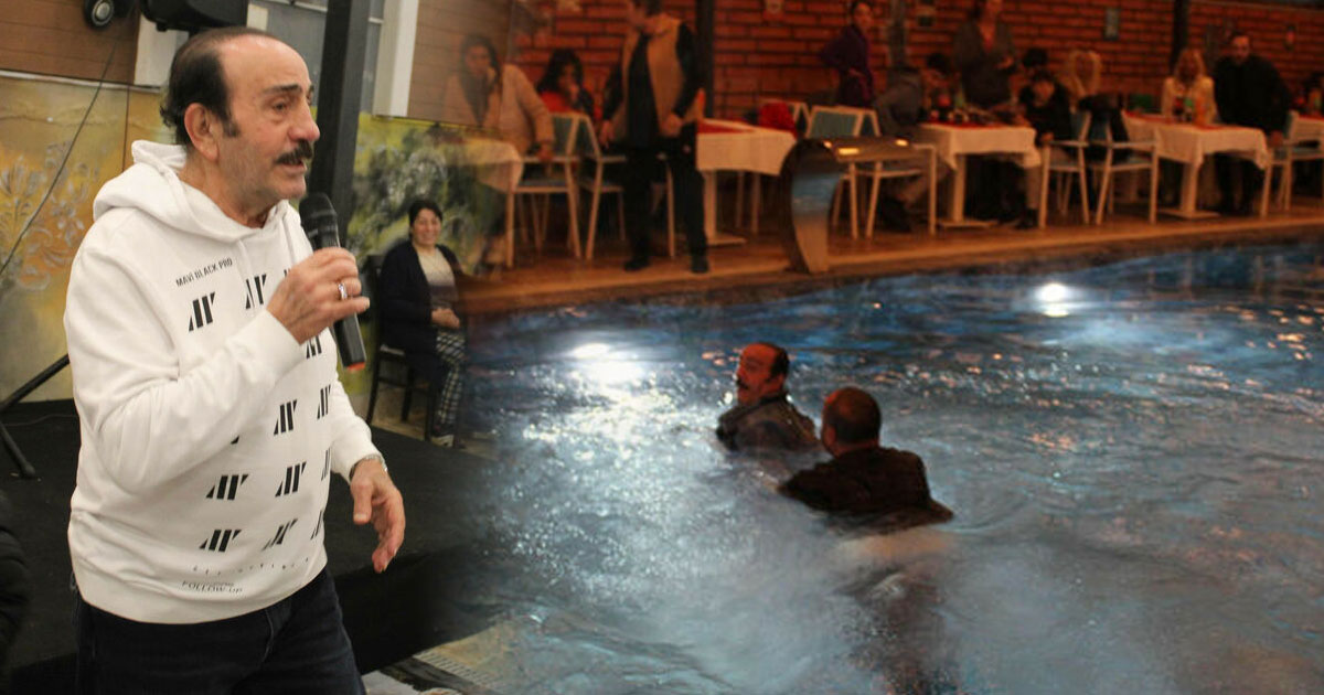 Sanatçı Mustafa Keser, depremzedelere moral gecesinde havuza düştü