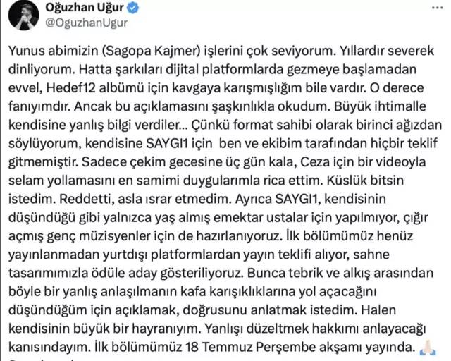 Saygı1 konserindeki kriz tırmanıyor! Oğuzhan Uğur'dan Sagopa Kajmer'e 'Ceza' cevabı